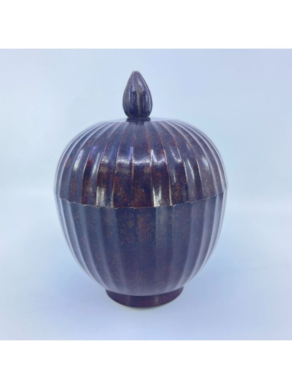 vintage melon-shaped lidded metal jar vertical fluted ribbing pointed finial